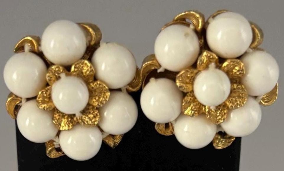 Vintage White & Gold Cluster Clip On Earrings Lover Antiques and Vintage