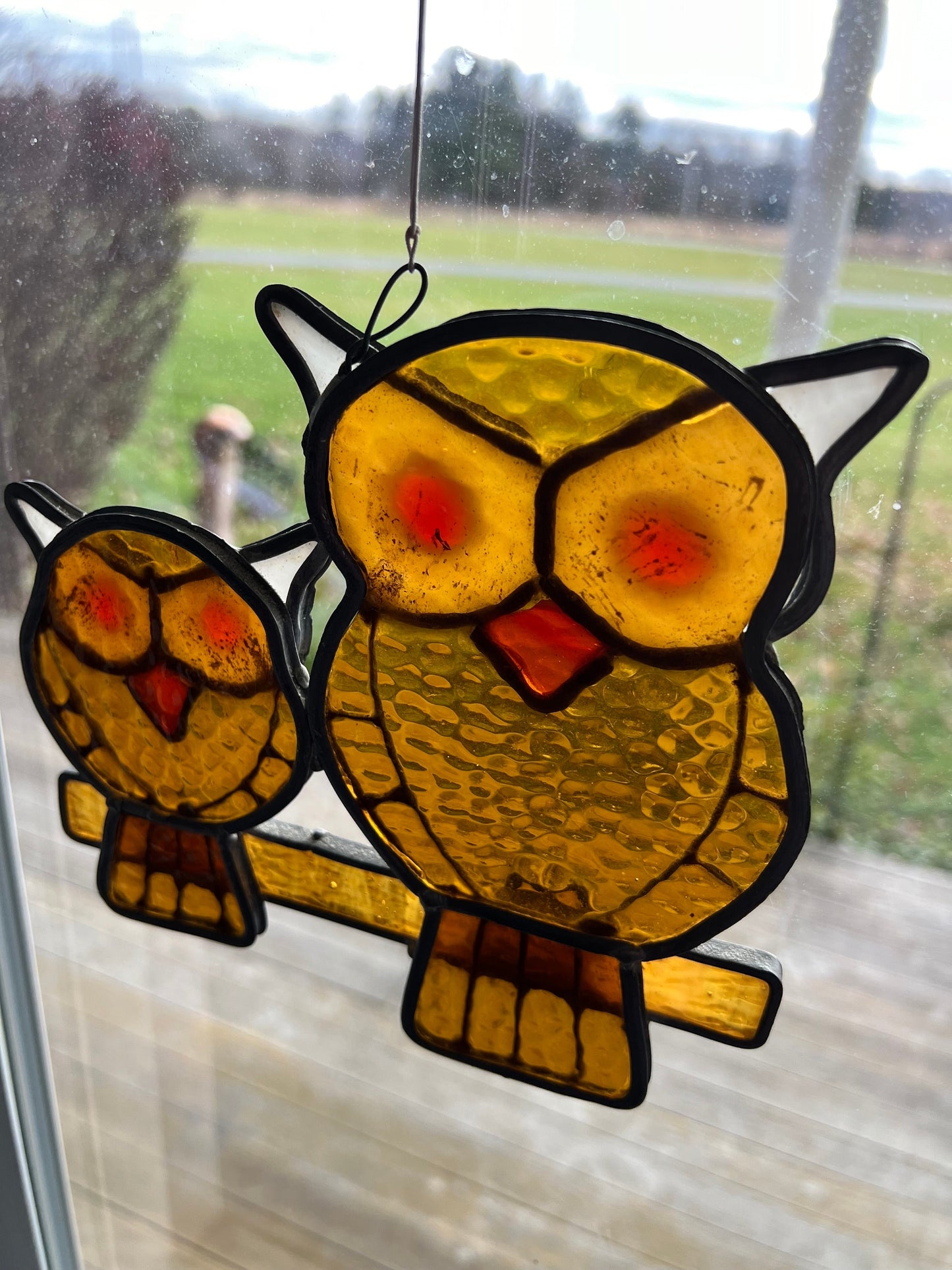 Vintage Stained Glass Owl Family Window Hanging