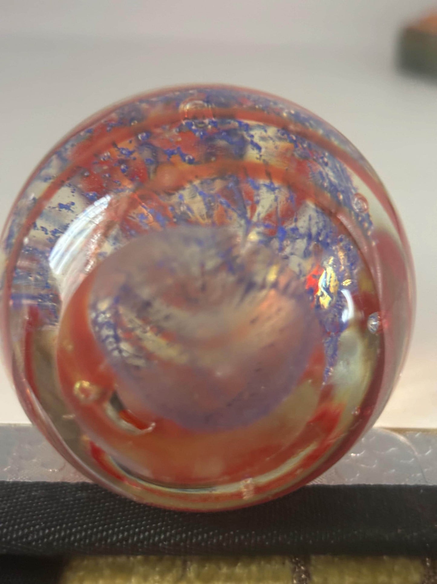 Vintage Murano Glass Paperweight Egg Blue Red Ribbons Italian Art Glass with Caged Bubbles