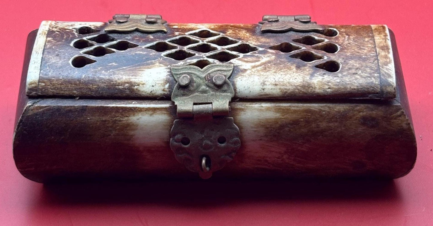 Vintage Camel Bone and Brass Trinket Box with Owl Hinges