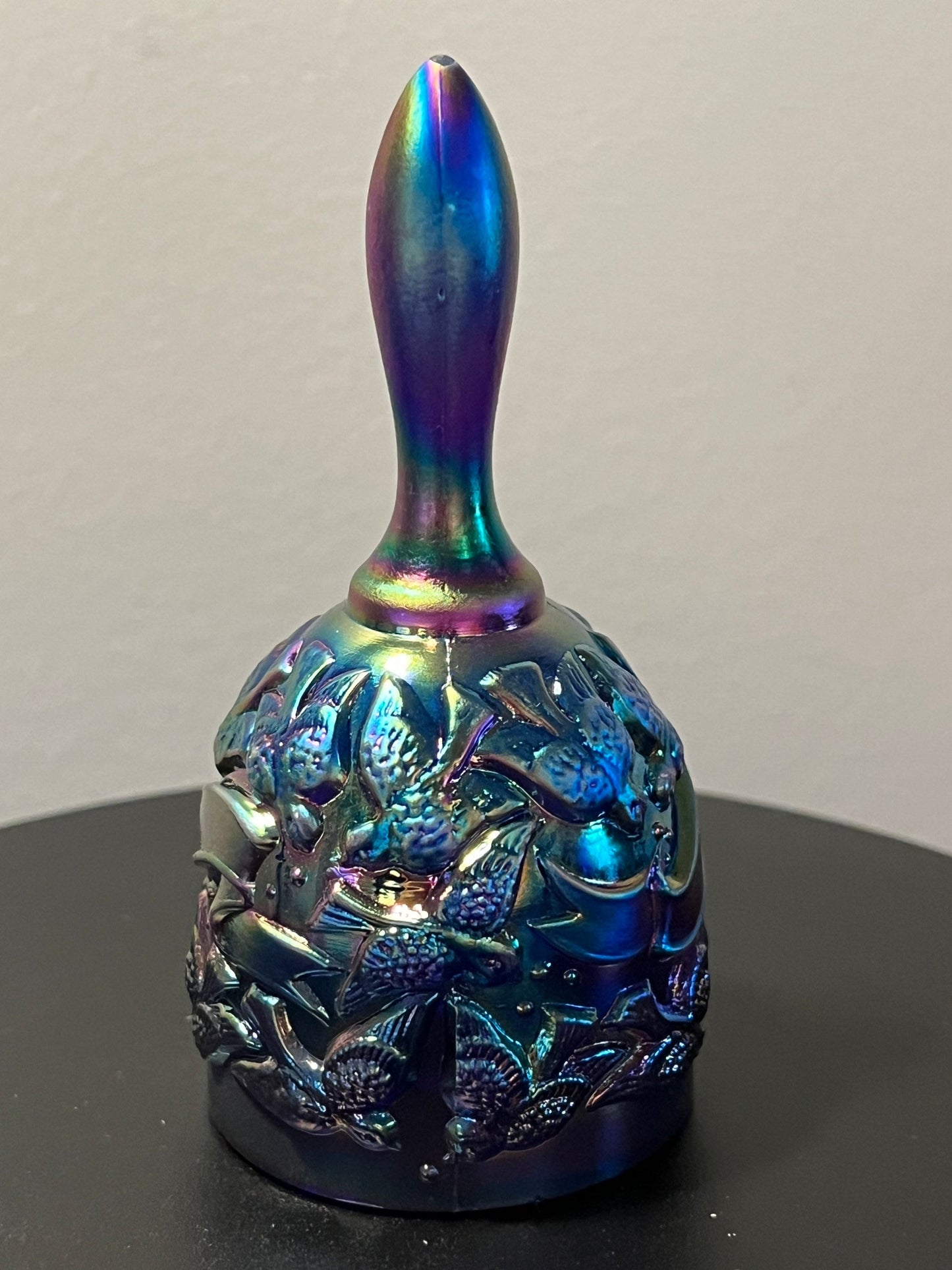 Vintage Fenton Iridescent Carnival Glass Bell: Love Birds & Ribbons