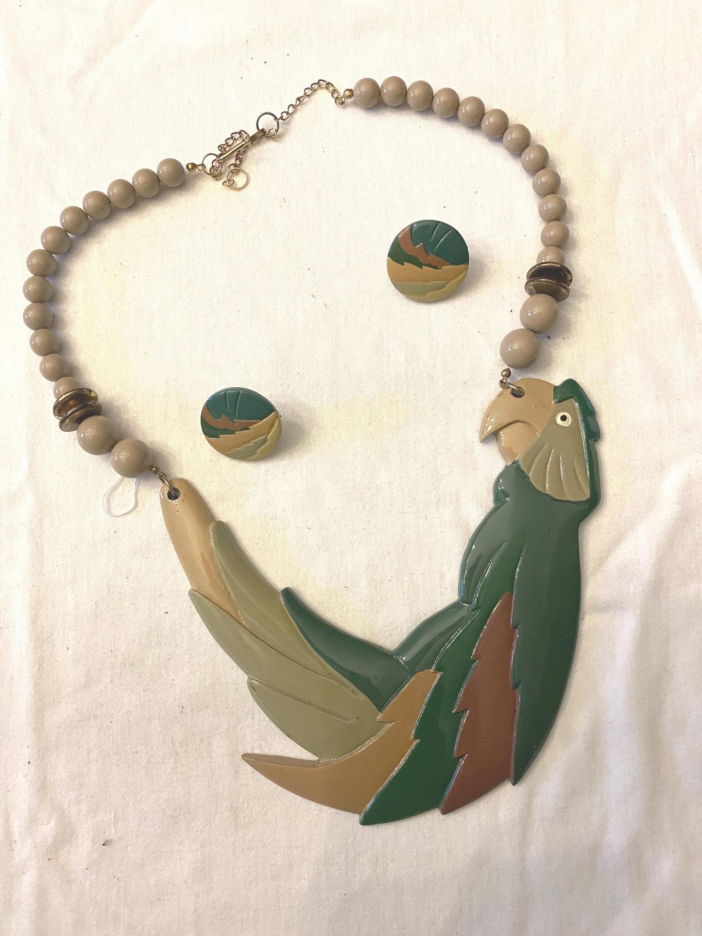 Parrot Figural BIB & Beaded Statement Resin Necklace and Matching Earrings Jewelry Unique Gifts
