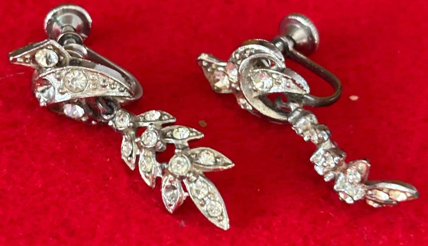 Bird and Leaf Rhinestone Silver Earrings