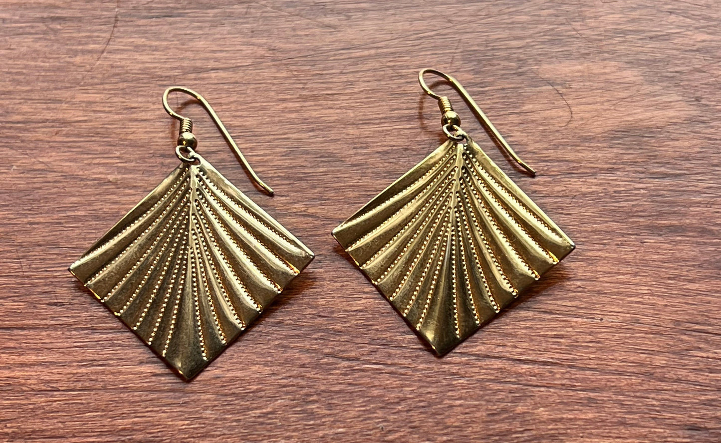 Vintage Fan Art Deco Fan Dangle Gold Pierced Earrings Elegant Native Tribal Inspired Jewelry Lover Antiques and Vintage