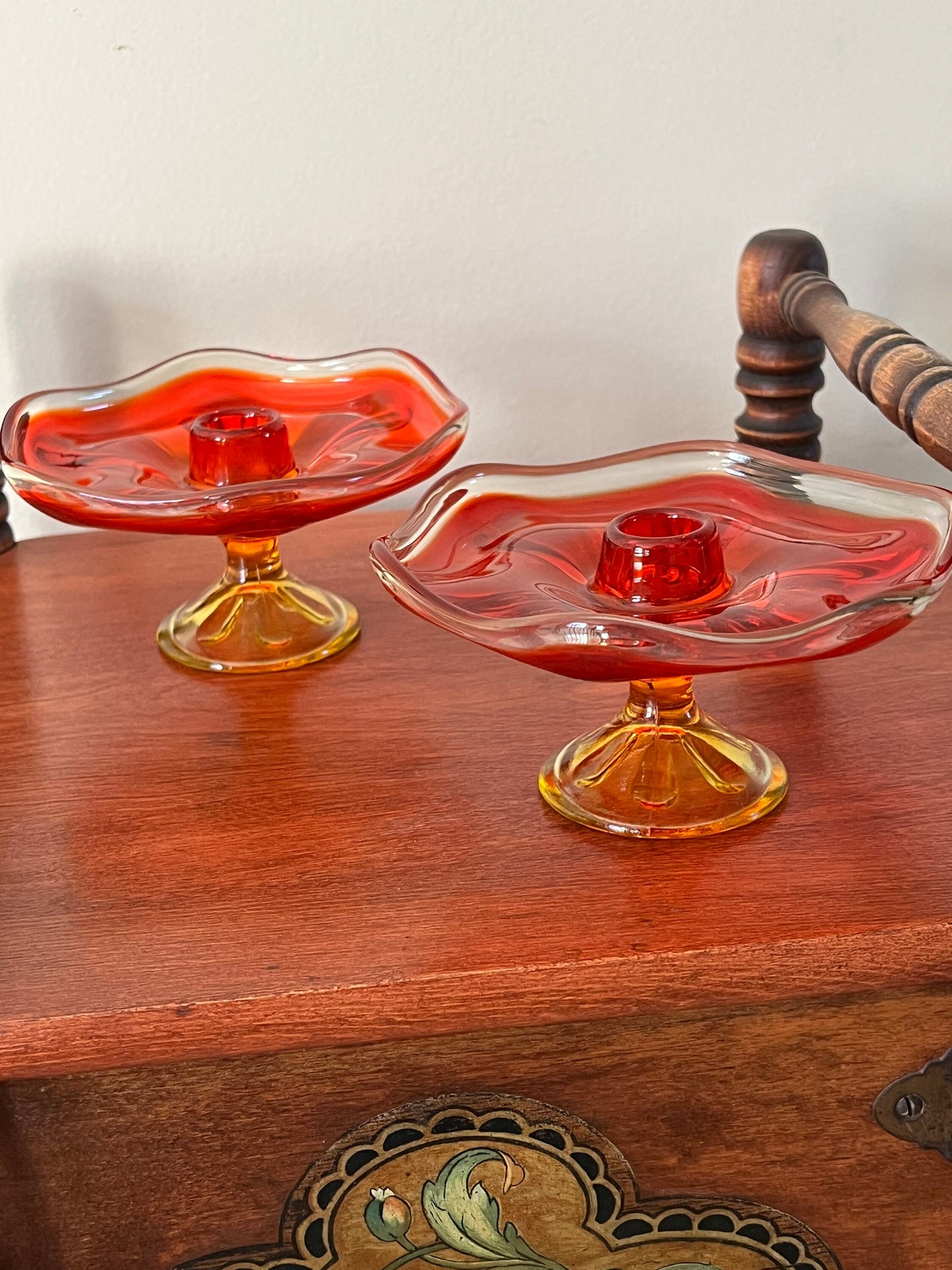 Vintage Viking Persimmon 6 Petal Amberina Pair of Candle Holders Pedestal Candlestick Holders Dish Lover Antiques and Vintage