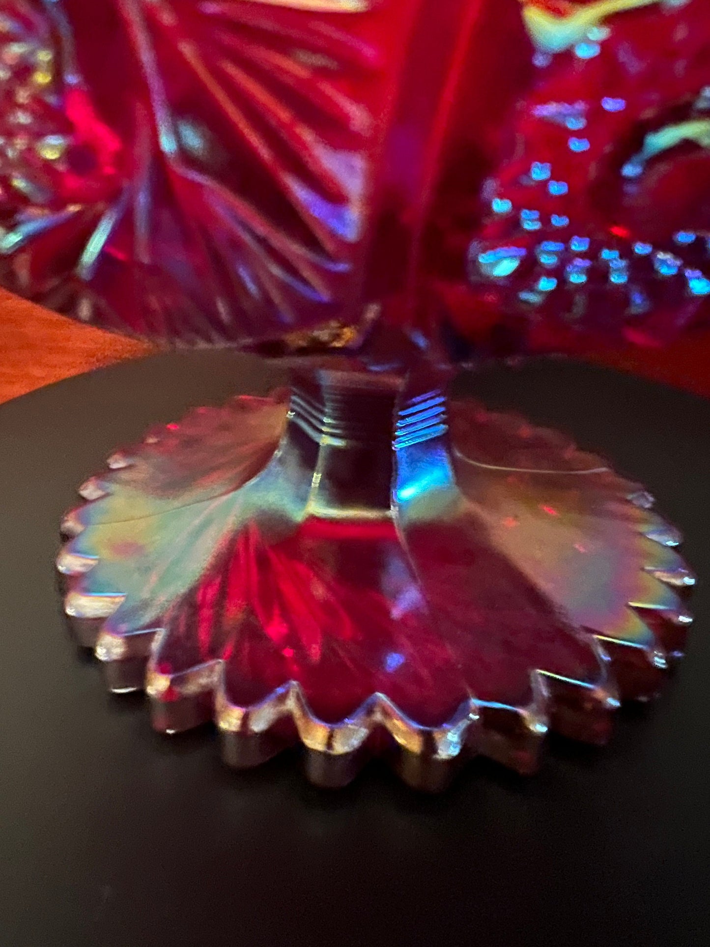 Vintage LE Smith Ruby Red Carnival Glass Footed Bowl: Heritage Aztec Design