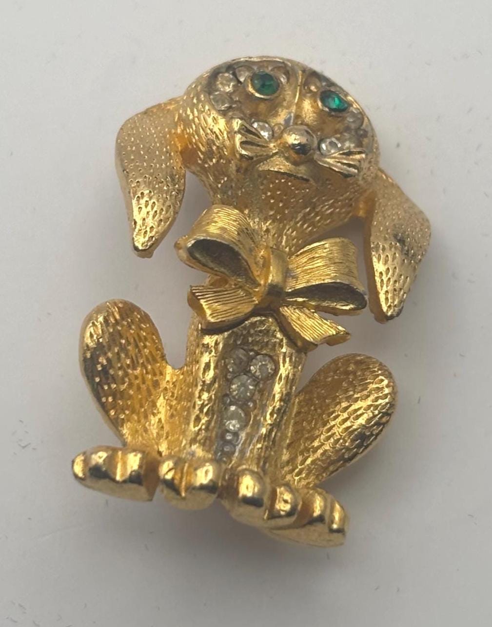 Gold Puppy with Green Rhinestone Eyes Pin, Dog with Bow Brooch, Signed SAO