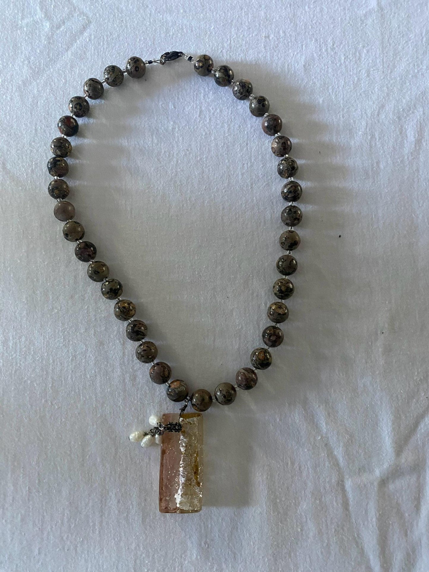 Vintage Jasper Beaded Necklace with Rose Quartz Pendant Unique Gifts Galore Lover Antiques and Vintage