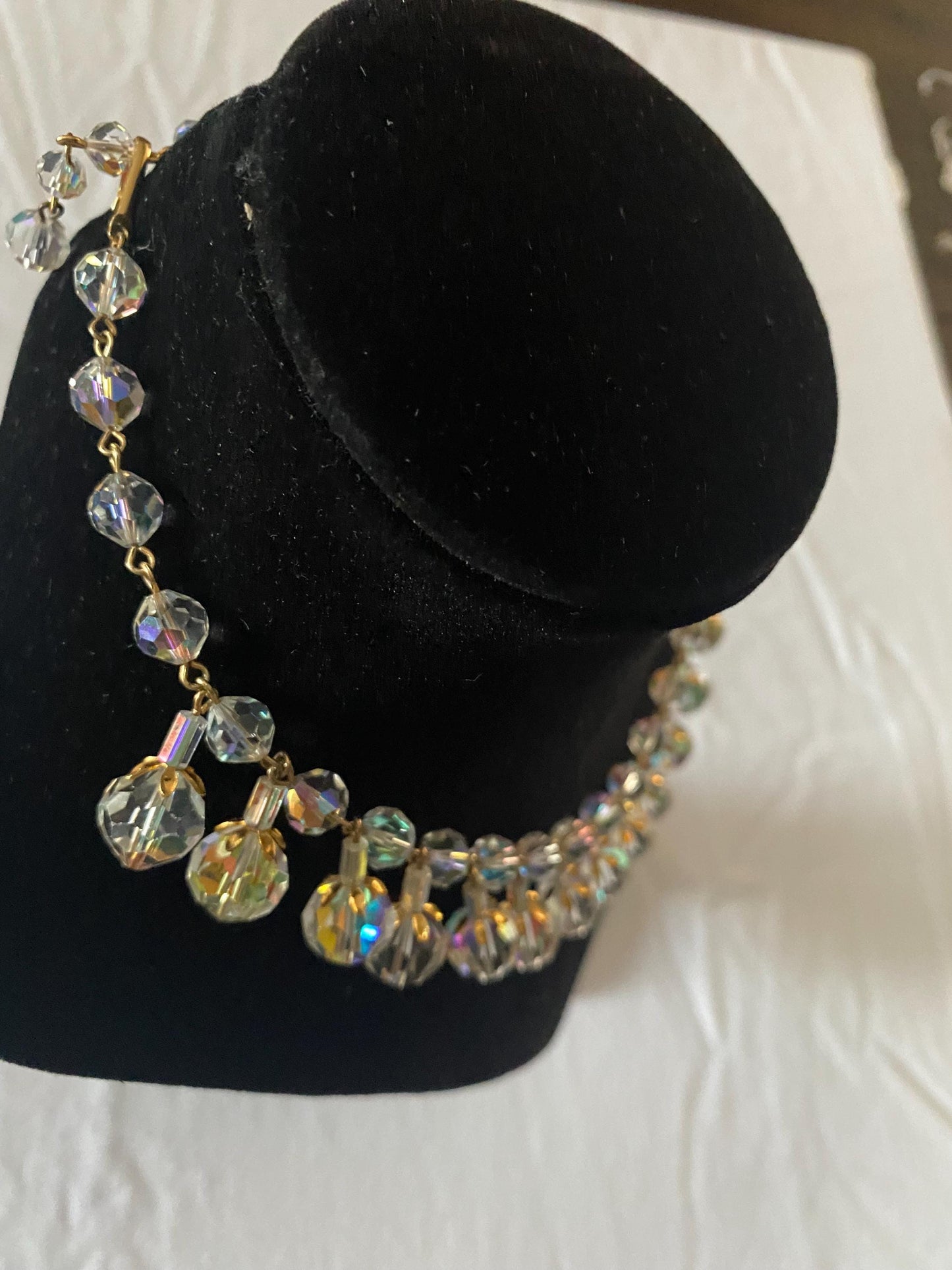 Vintage Aurora Borealis Style Crystals & Gold Necklace Fringe Jewelry Lover Antiques and Vintage