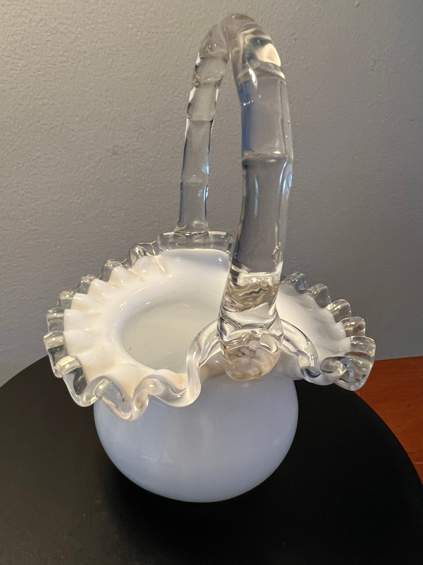 Vintage Fenton Silvercrest Basket Vase: White Ruffled Edge Art Glass