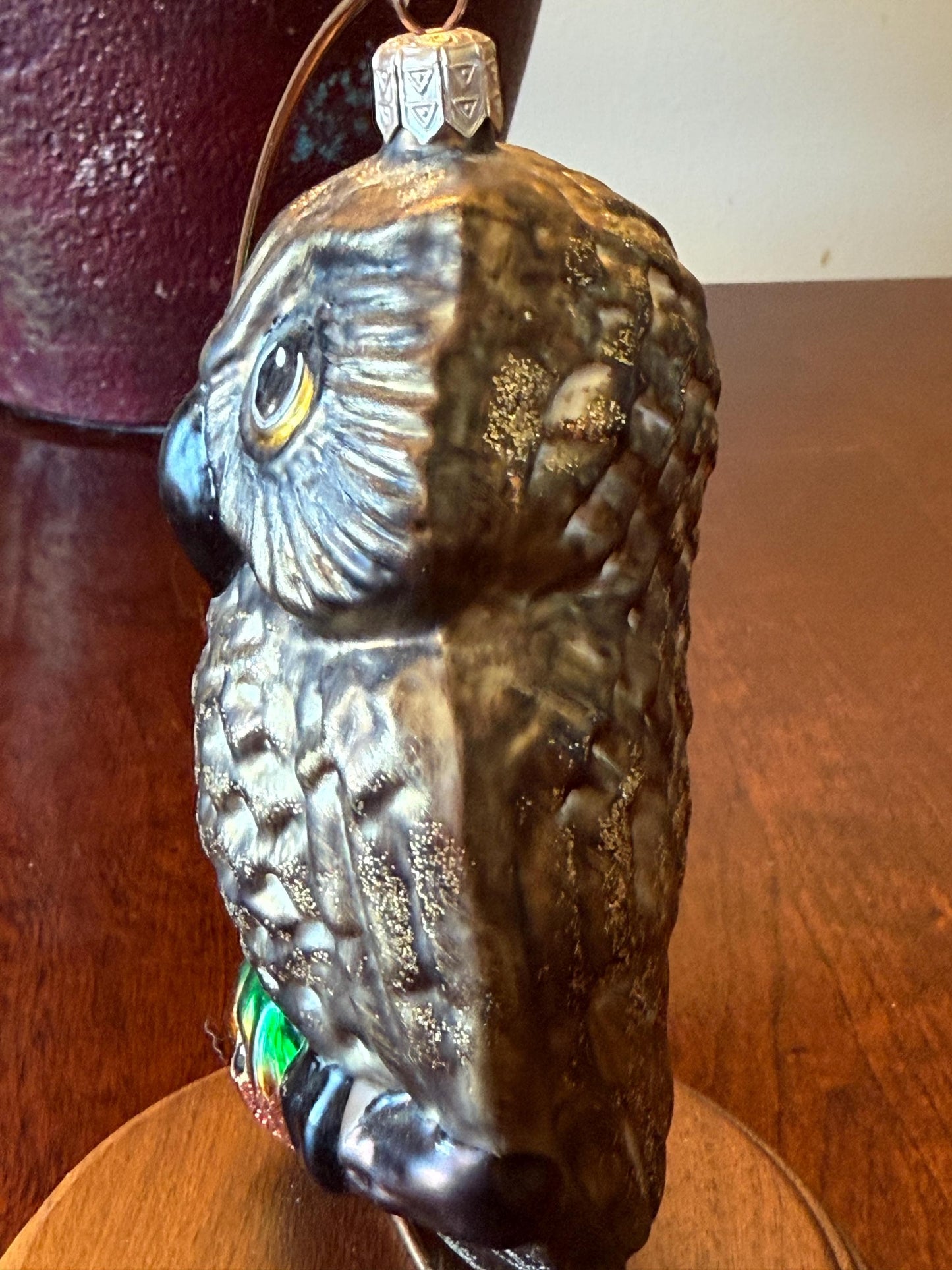 Vintage Owl with Pumpkin Ornament Slavic Poland Hand Blown Green Glass Owl Christmas Holiday Lover Antiques and Vintage