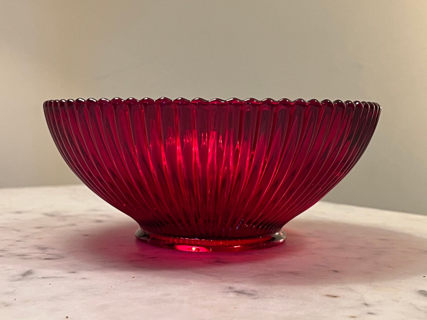Vintage Anchor Hocking Glass Round Serving Bowl Queen Mary vertical ribbed or prismatic line pattern