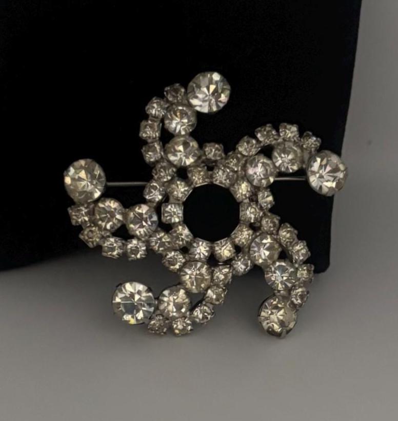 Vintage Rhinestone Swirl Brooch, Crystal Elegant Pin Jewelry