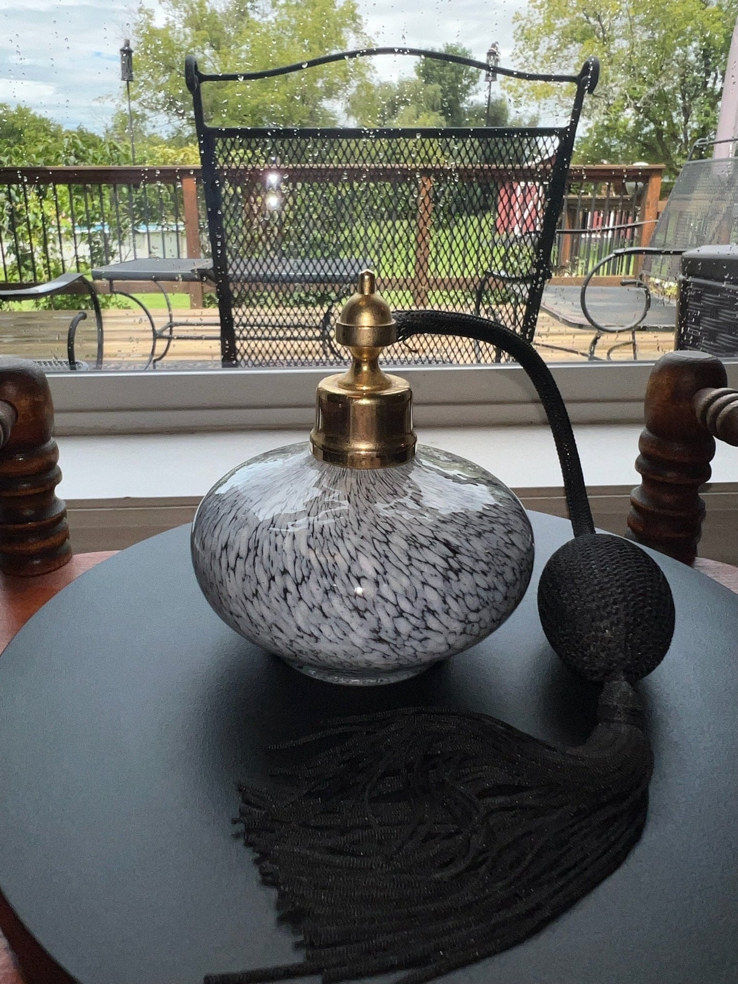 Vintage Black & White Opalescent Glass Perfume Bottle with Atomizer