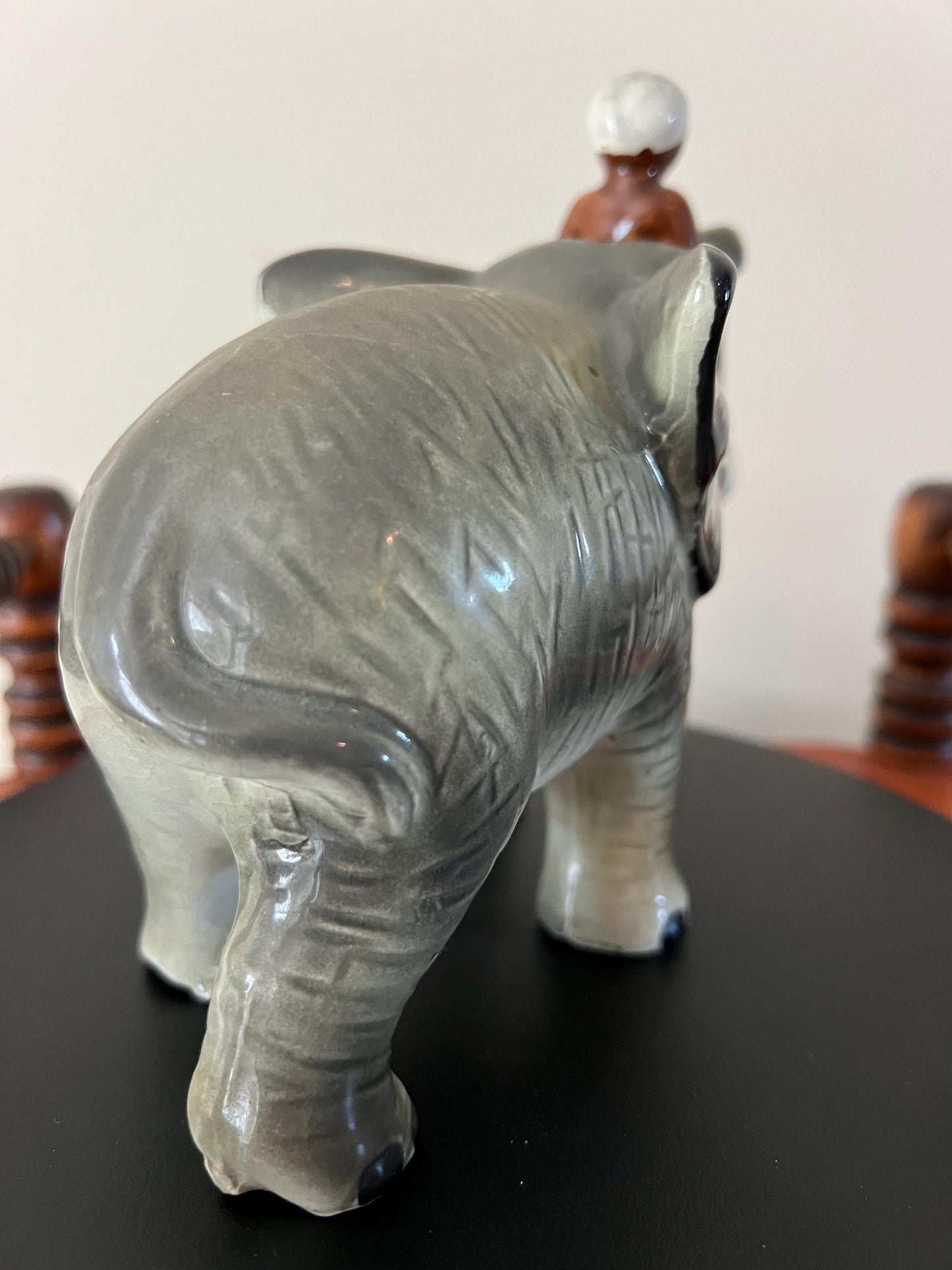 Vintage Ceramic Elephant Figurine: Trunk Up, Man Rider, Made in Japan