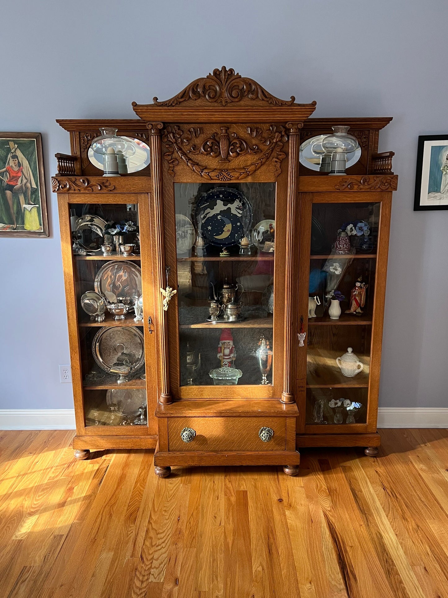 Antique Quarter Sawn Oak Triple Library Bookcase Early 1900’s Spectacular Piece Wavy Glass Bookshelf Lover Antiques and Vintage