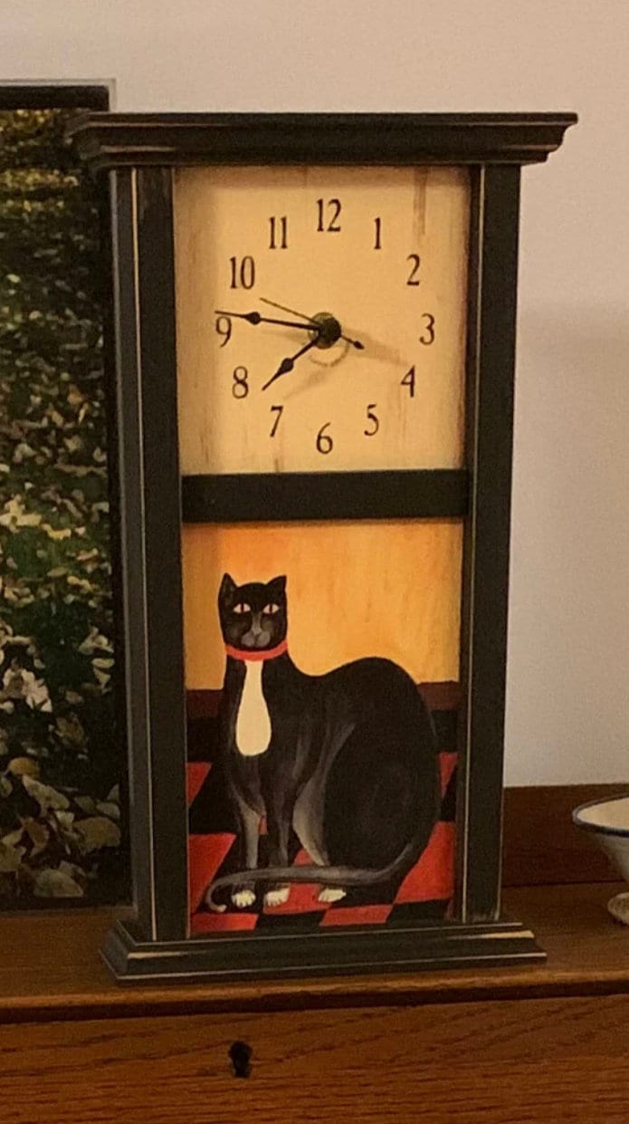 Vintage Primitive Black Wood Cat Mantle Clock