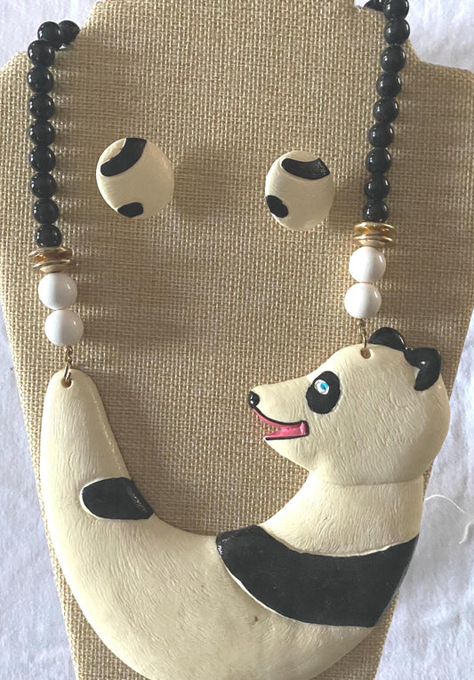 Panda Bear Figural BIB & Beaded Statement Resin Necklace and Matching Earrings Jewelry Unique Gifts