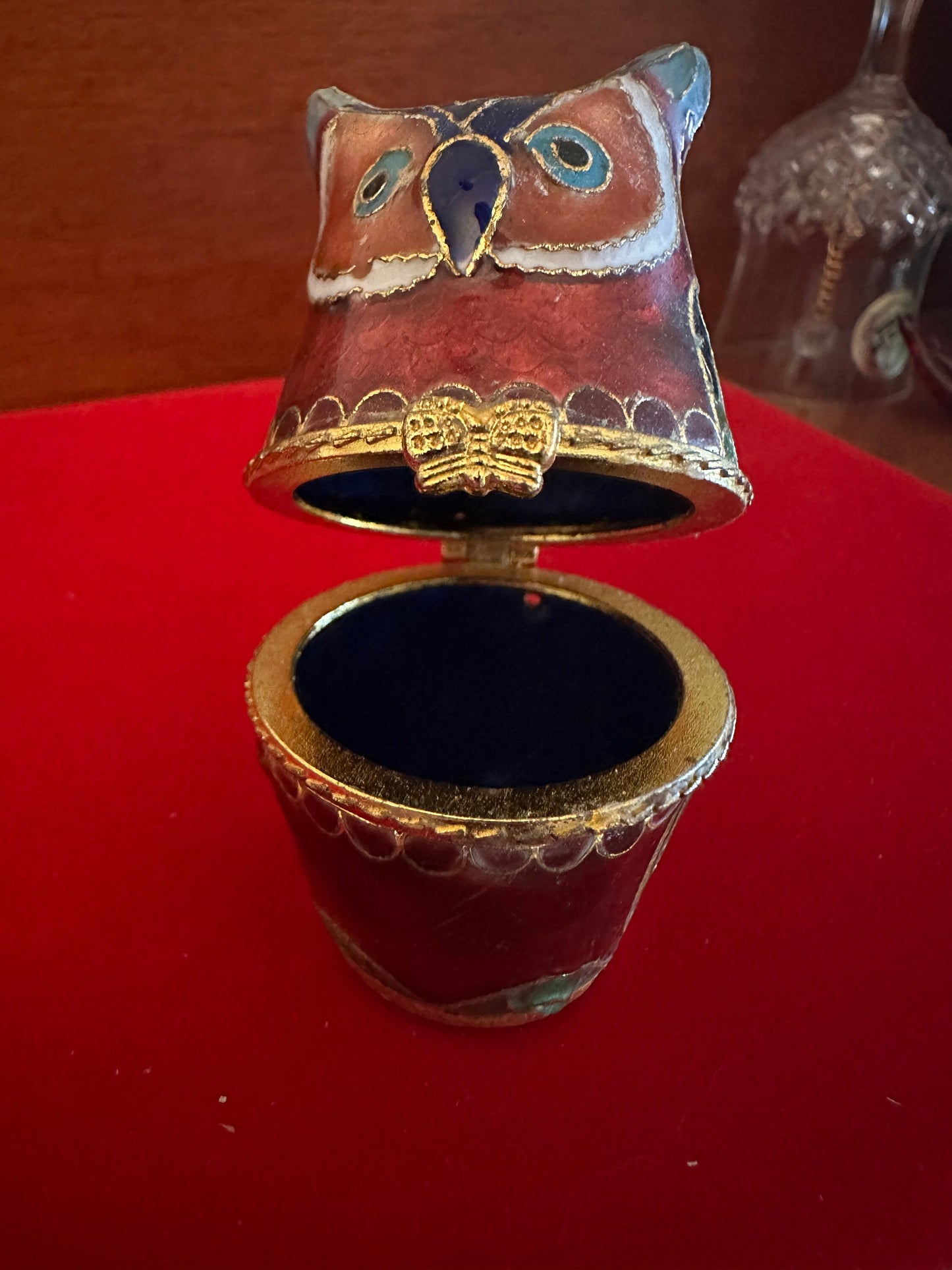 Vintage Cloisonné Owl Trinket Box: Red Enameled Brass Figurine