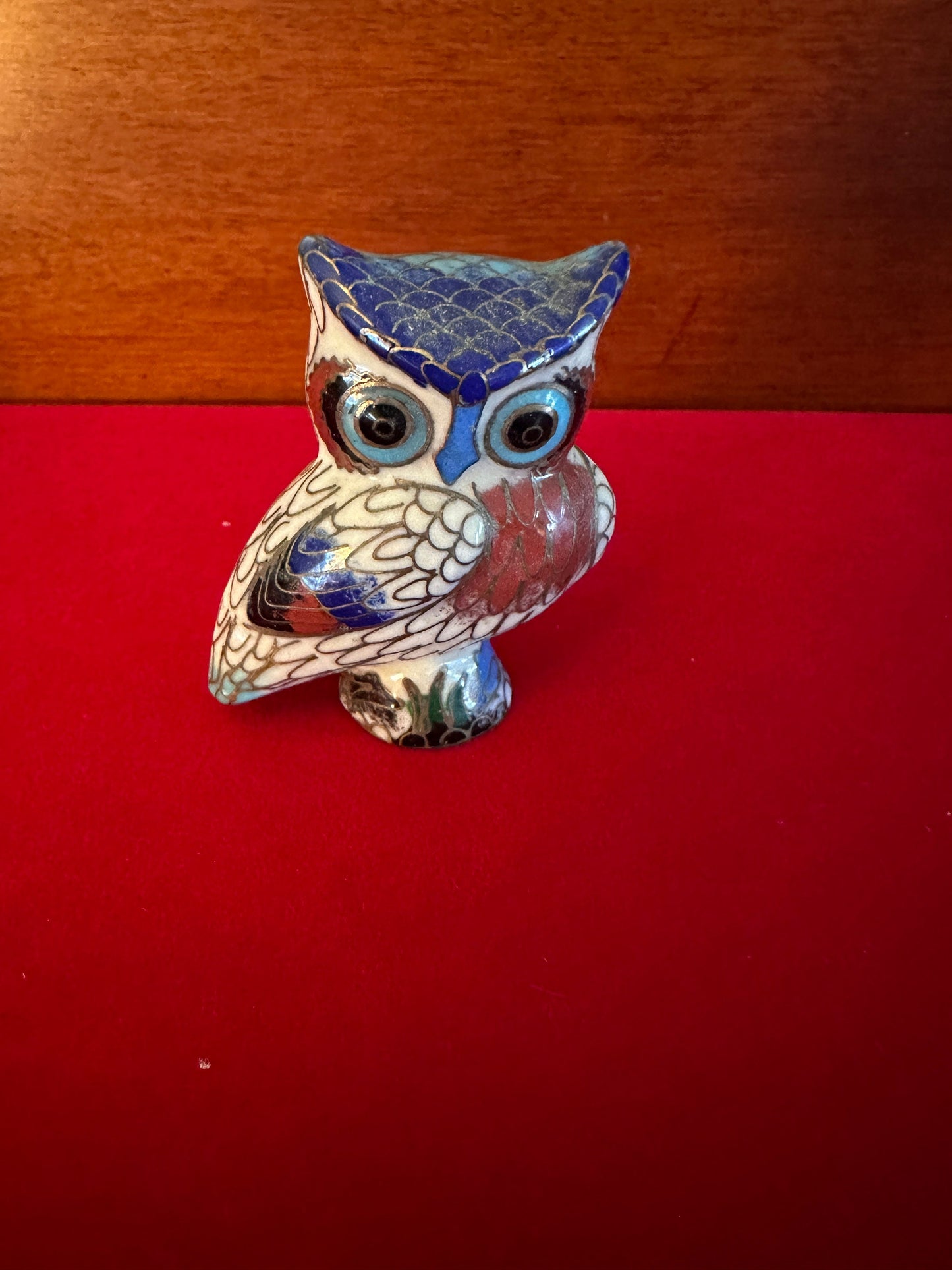 Vintage Cloisonné Enamel Owl Figurine: Cobalt Blue Brass Statue