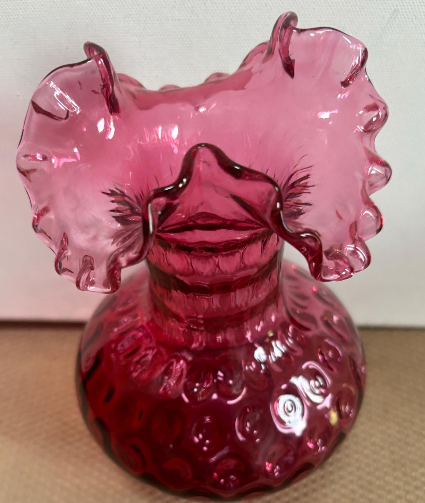 Vintage Fenton Cranberry Glass Vase Pink Ruffled Glass Art Pink Rose Vase Lover Antiques and Vintage