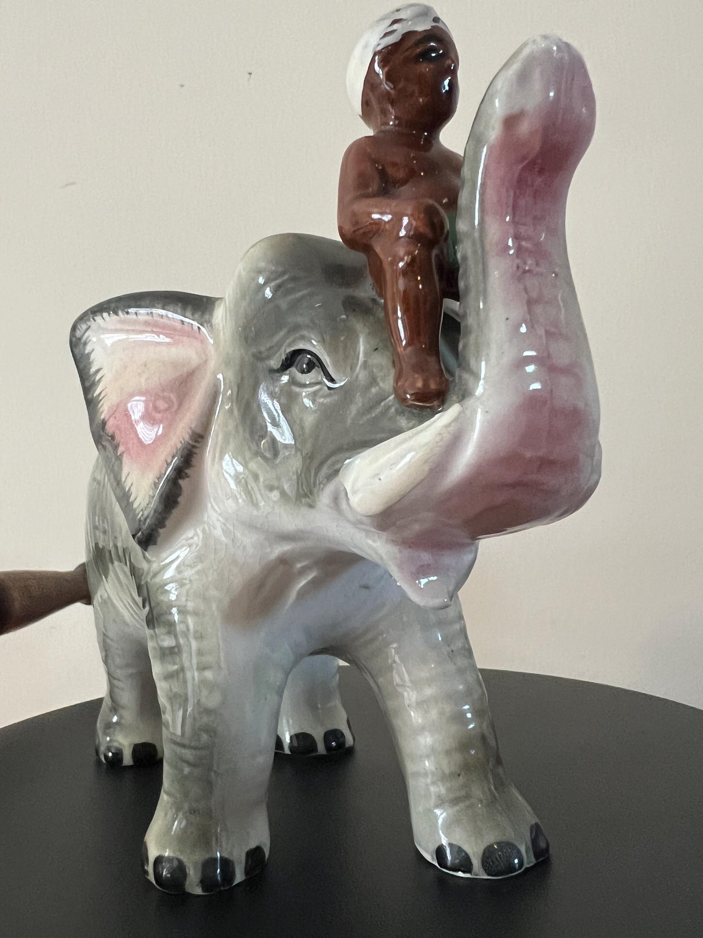 Vintage Ceramic Elephant Figurine: Trunk Up, Man Rider, Made in Japan