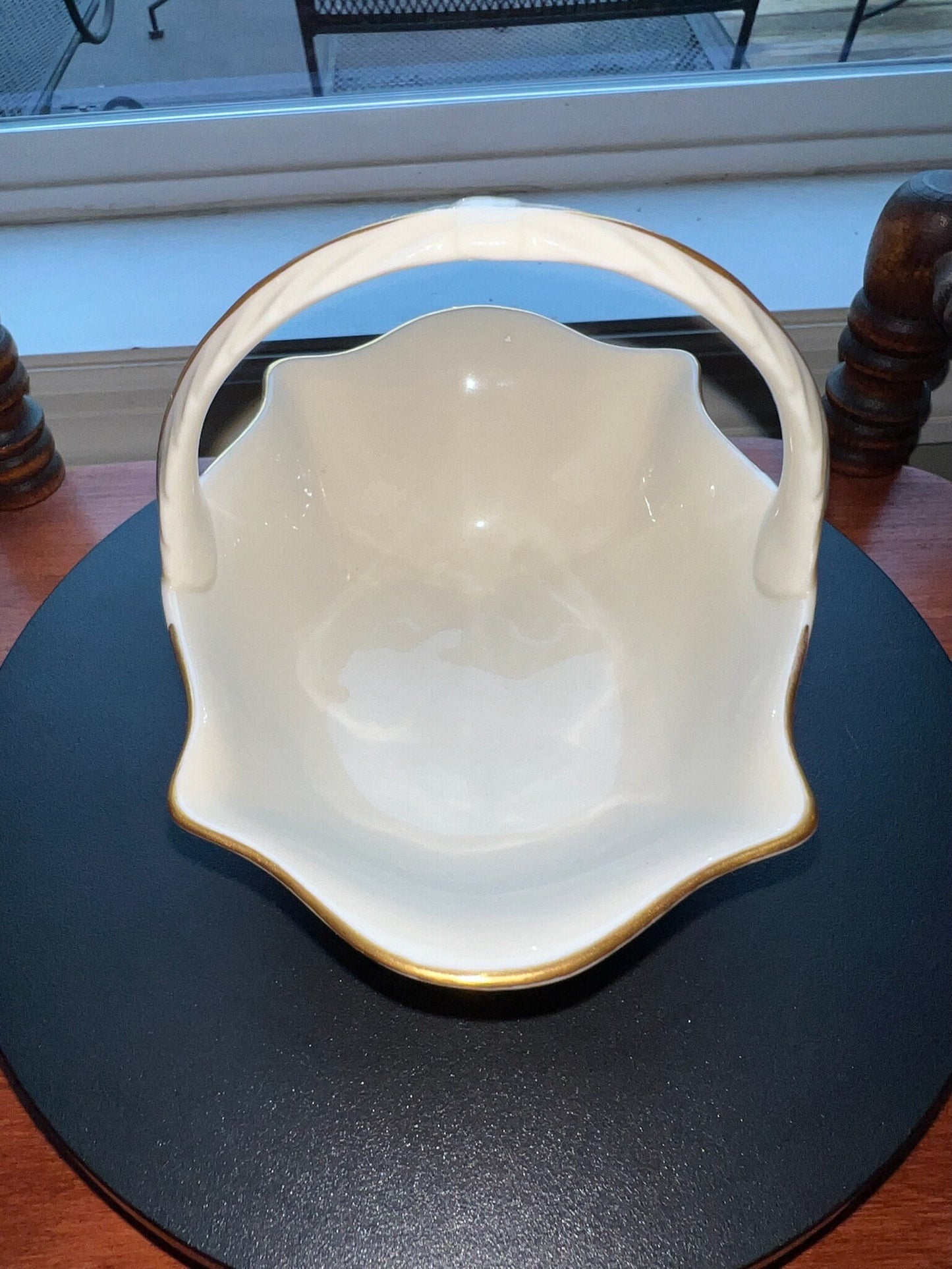 Vintage Lenox Cream Porcelain Basket: 24K Gold Gilded Nut Dish, Made in USA