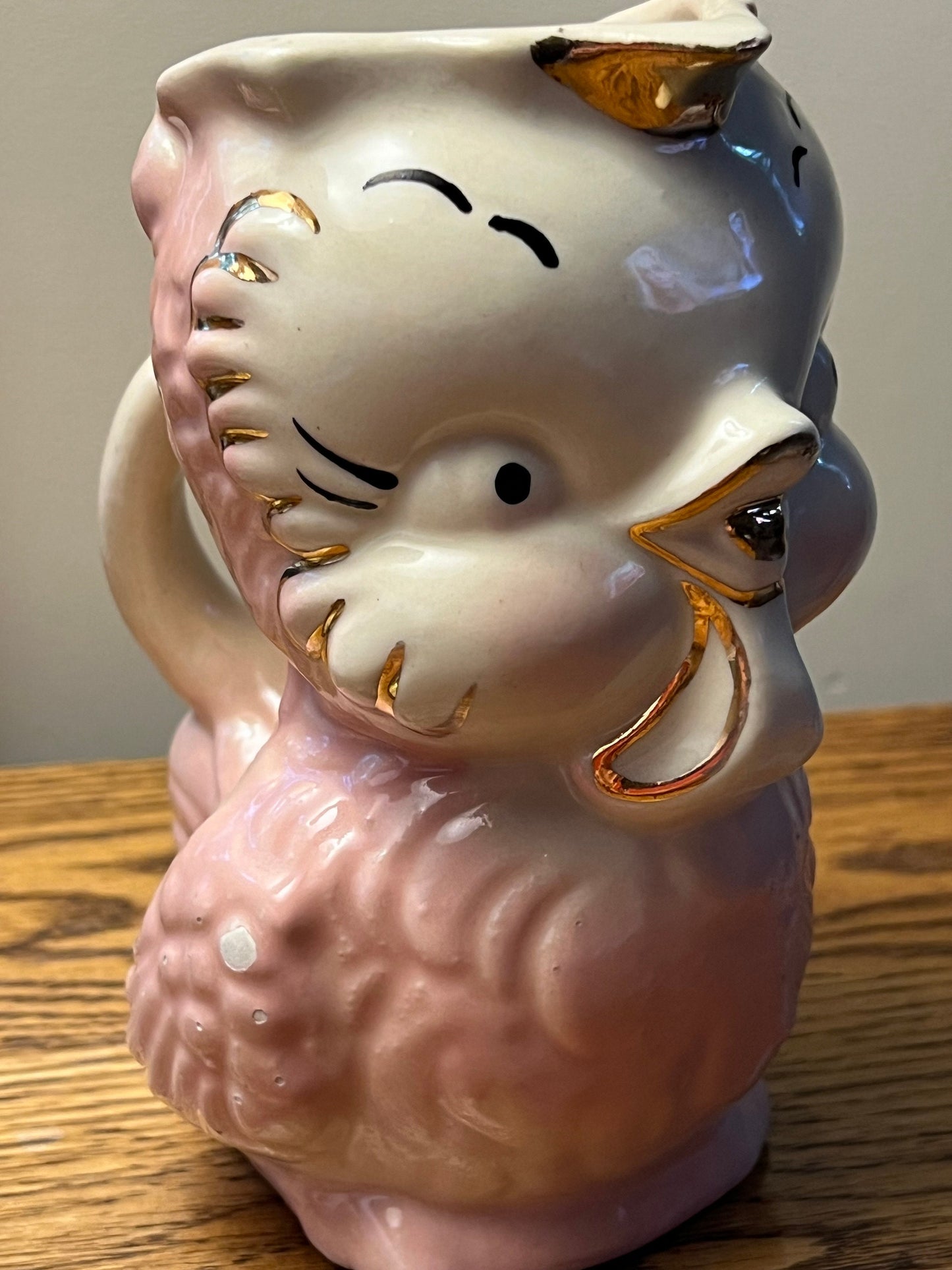Vintage Shawnee Pottery Owl Pitcher: Pink & White with 14K Gold Trim