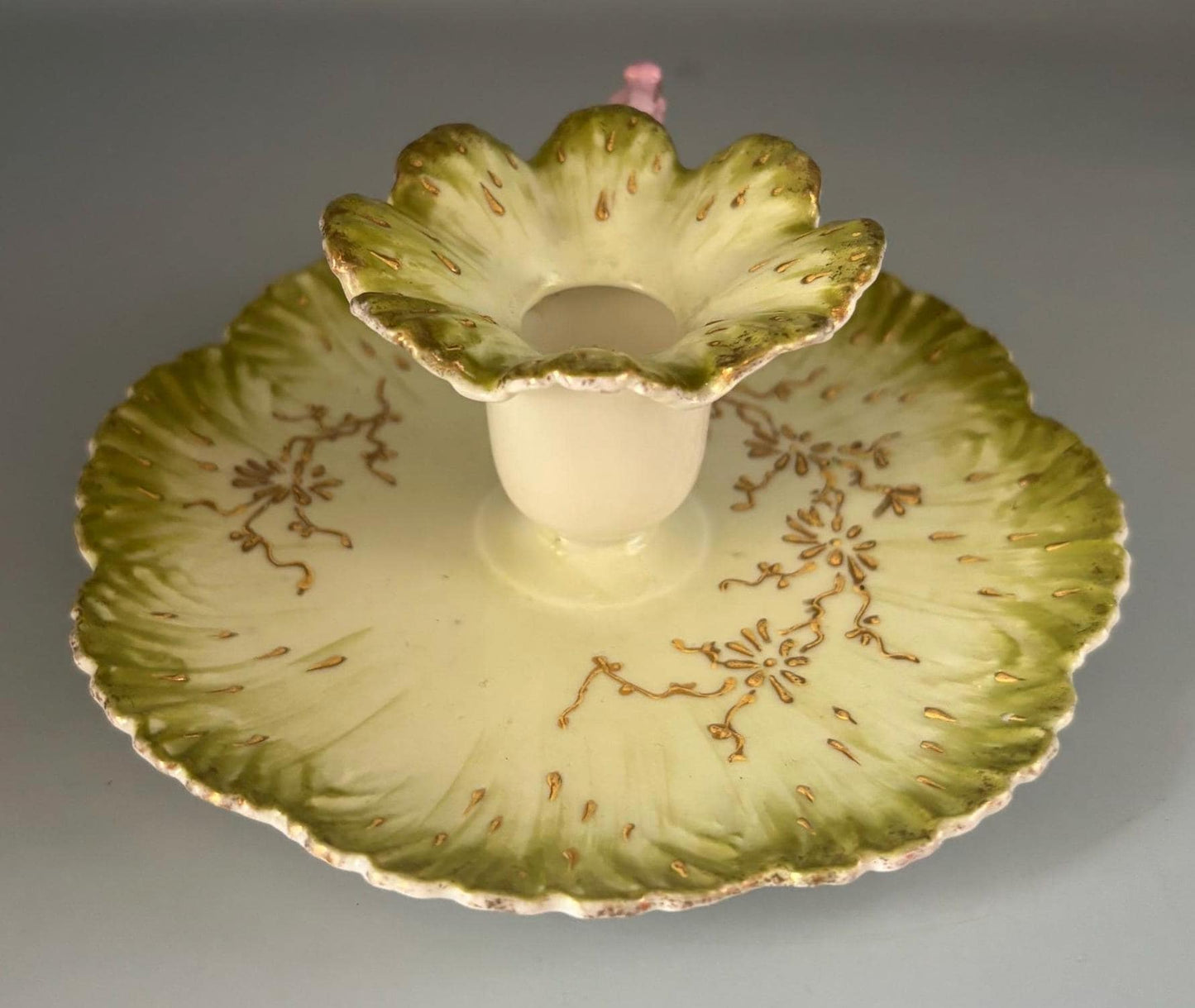 Vintage Limoges Green Gold Pink Fancy Candle Chamberstick with Saucer, French Porcelain Candle Holder, Unique Gift for Her