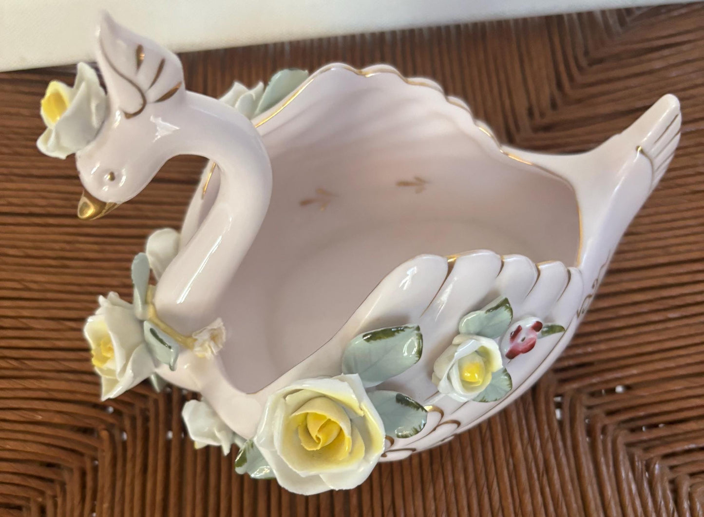 Vintage Lefton Hand Painted Porcelain Swan with Roses Capodimonte Style Figurines Japanese Lover Antiques and Vintage