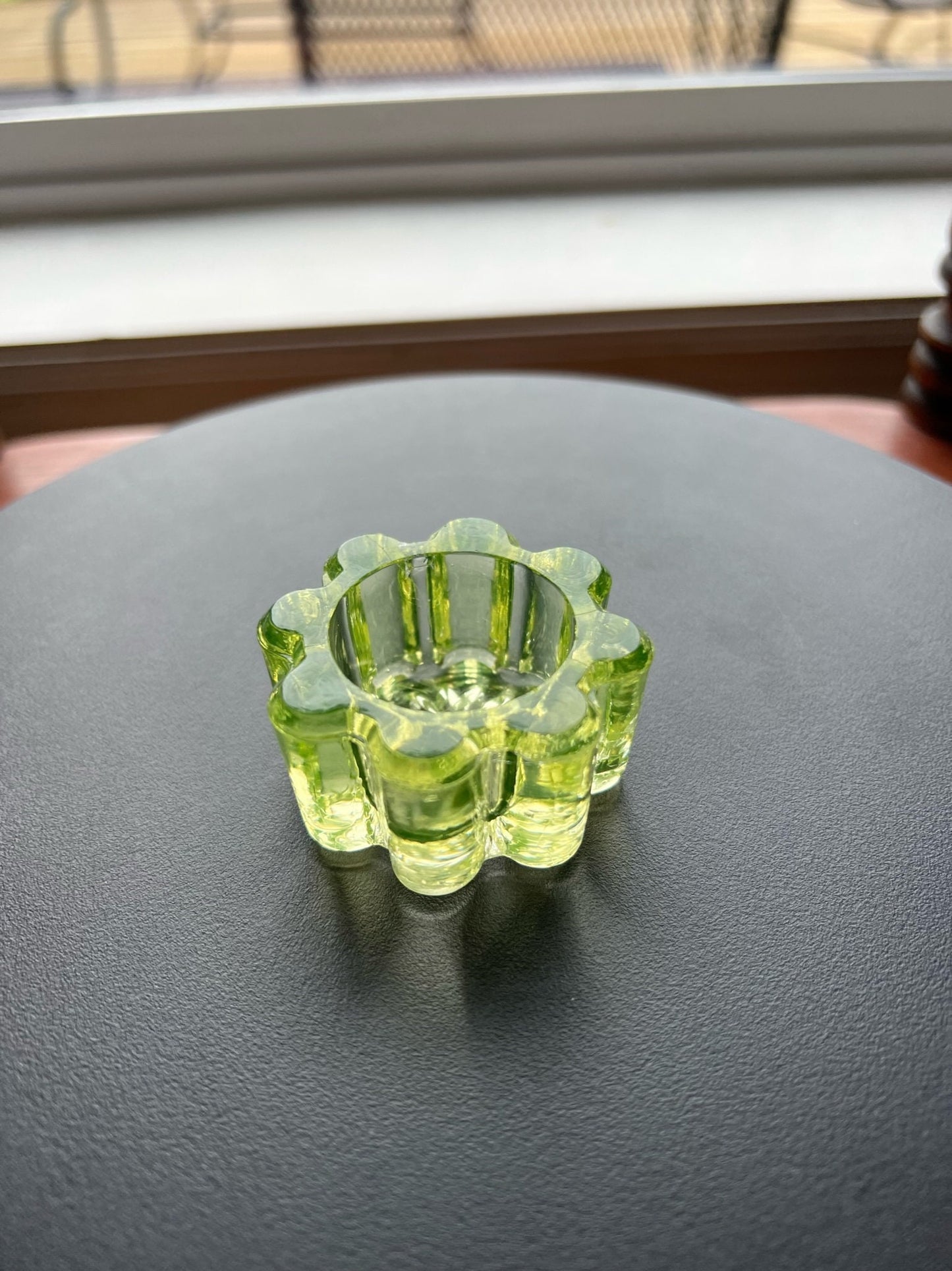 Vintage Uranium Glass Flower Salt Dish: Green Vaseline Glass