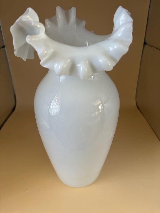 Antique Victorian Bristol Hand Bowl Glass Ruffled White Vase Lover Antiques and Vintage