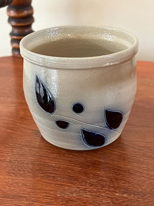 Vintage Cobalt Blue Crock with Leaves Salt Glazed Pottery Vase with Cobalt Blue Flower Design Lover Antiques and Vintage