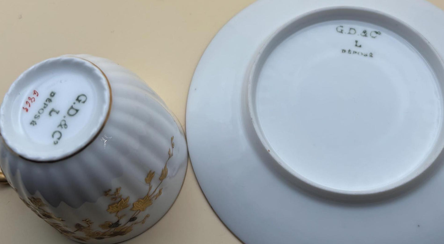 Antique Limoges Porcelain Tea Cup and Saucer: Hand Painted Leaves