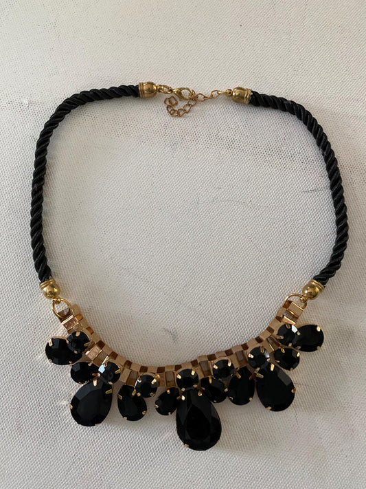 Vintage Black Gold Necklace with Black Onyx and Faceted Gems, Choker Style Jewelry, Elegant Gift for Her