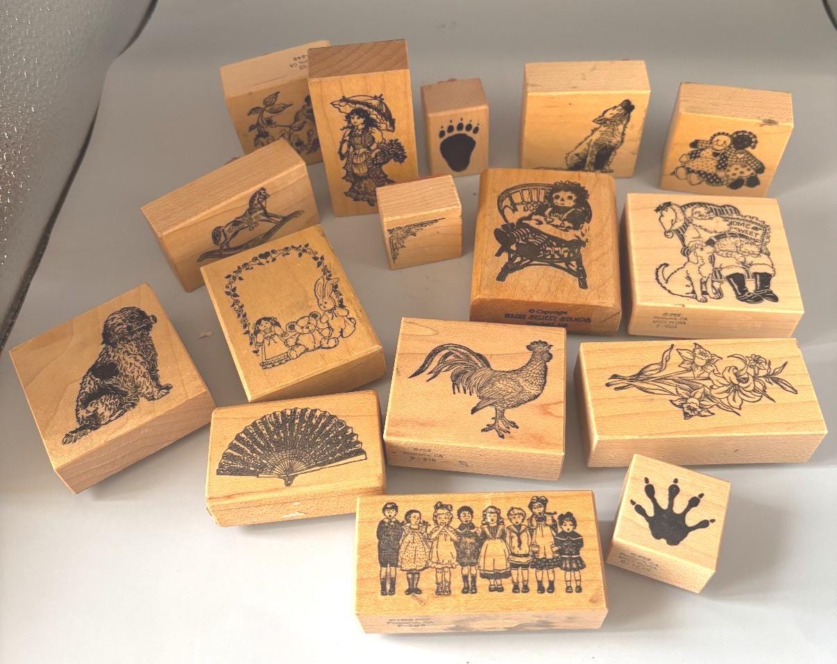 Collection of Vintage Wood Mounted Rubber Stamps, PSX 1988 Frame, Rooster Raggedy Ann Dog Rocking Horse