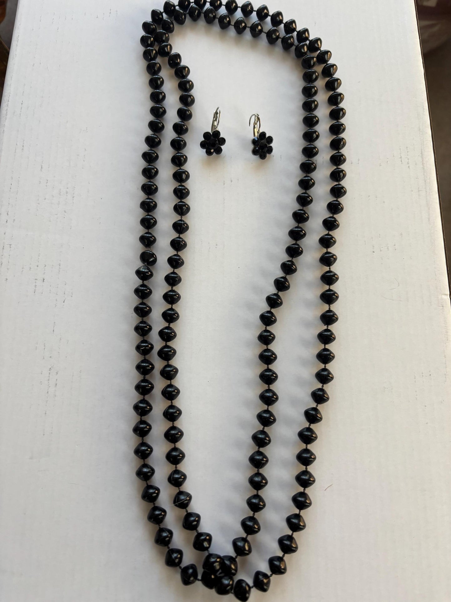 Vintage Long Black Beaded Necklace and Matching Earrings Lover Antiques and Vintage