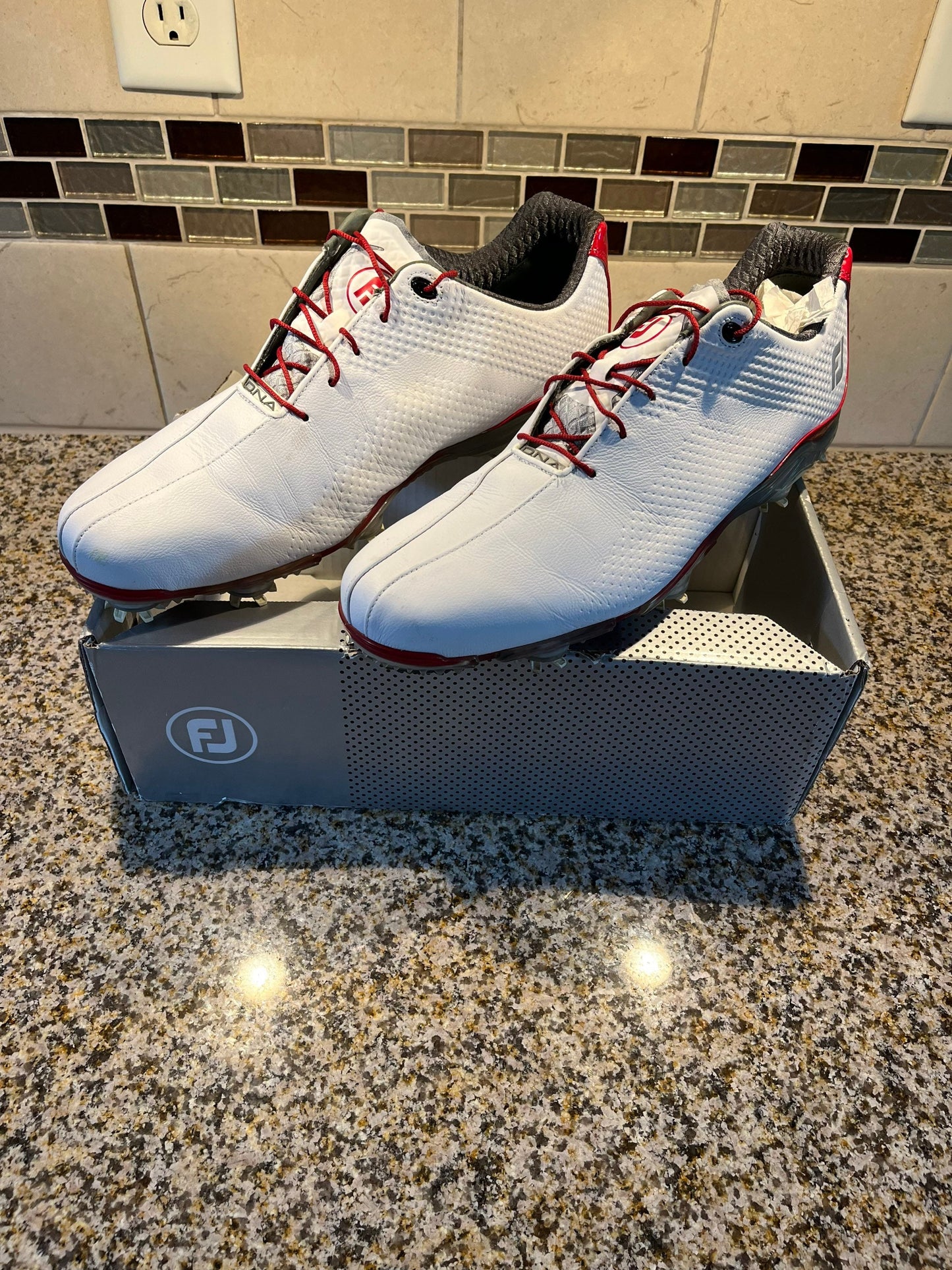 Footjoy DNA Mens Golf Shoes Size 14 Golfing Athletic Ware White/Fire Red In Original FJ bag & box as shown in like new condition