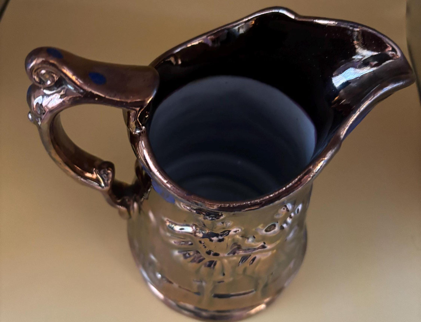 Antique Stafforshire Hand Painted Copper Lustreware Pitcher Circa 1880’s Dancing Couple Lover Antiques and Vintage