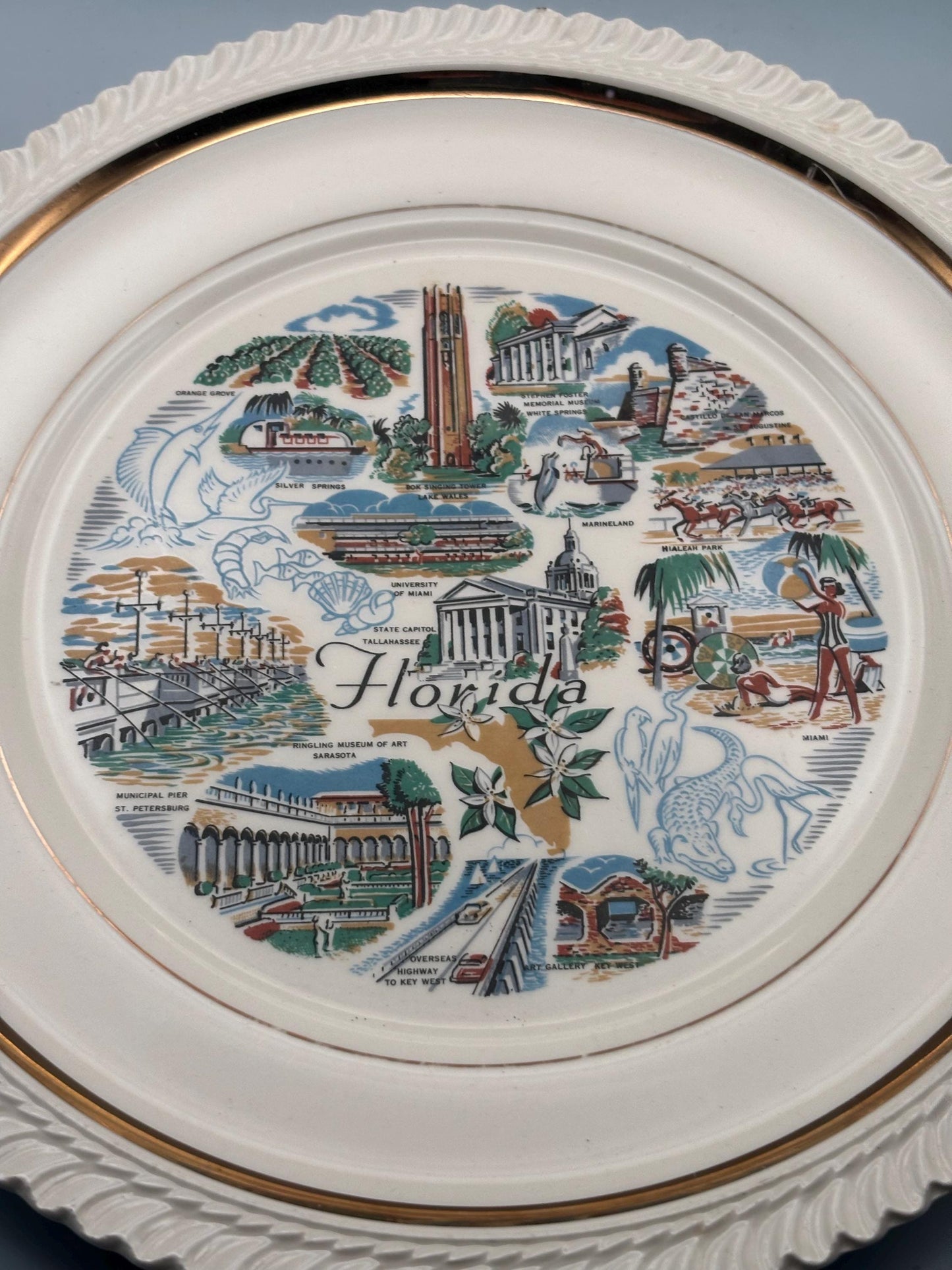 Florida Souvenir 10" Large Plate, Mid Century Florida Landmarks, Ruffled Gold Edge, Lover Antiques and Vintage