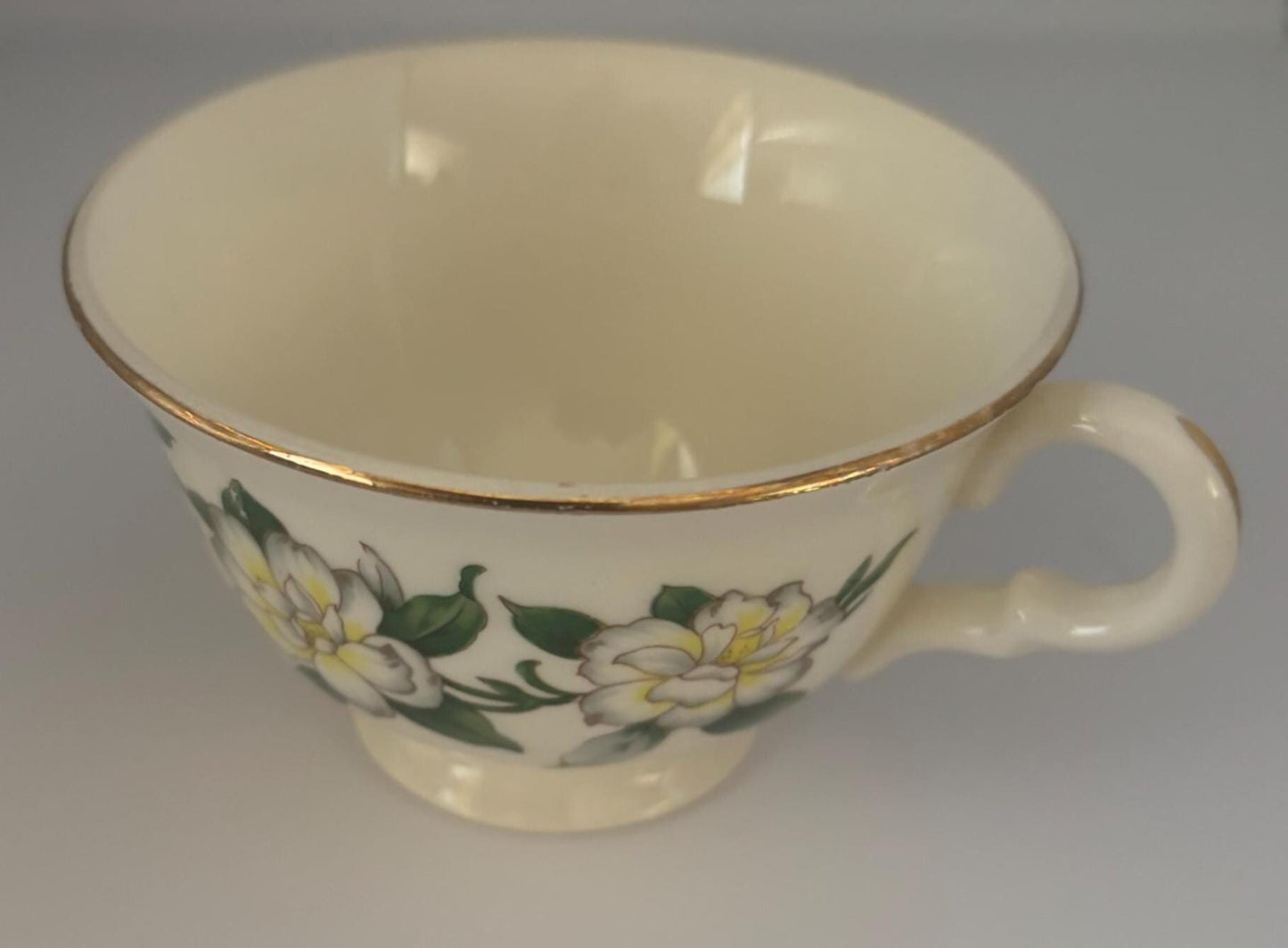Homer Laughlin Eggshell Georgian Cotillion Teacup with Gold Trim, White Floral Magnolia Pattern