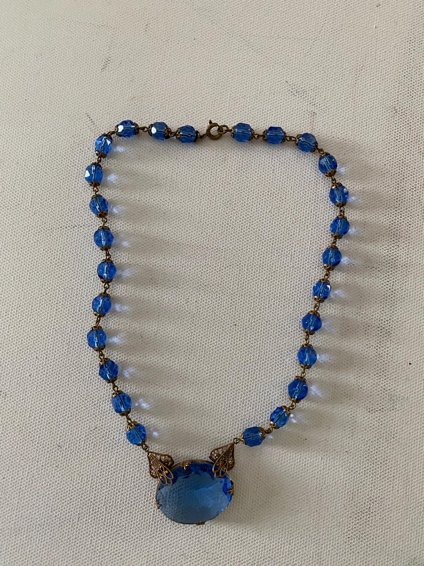 Vintage Czechoslovakian Blue Glass Necklace: Filigree Pendant