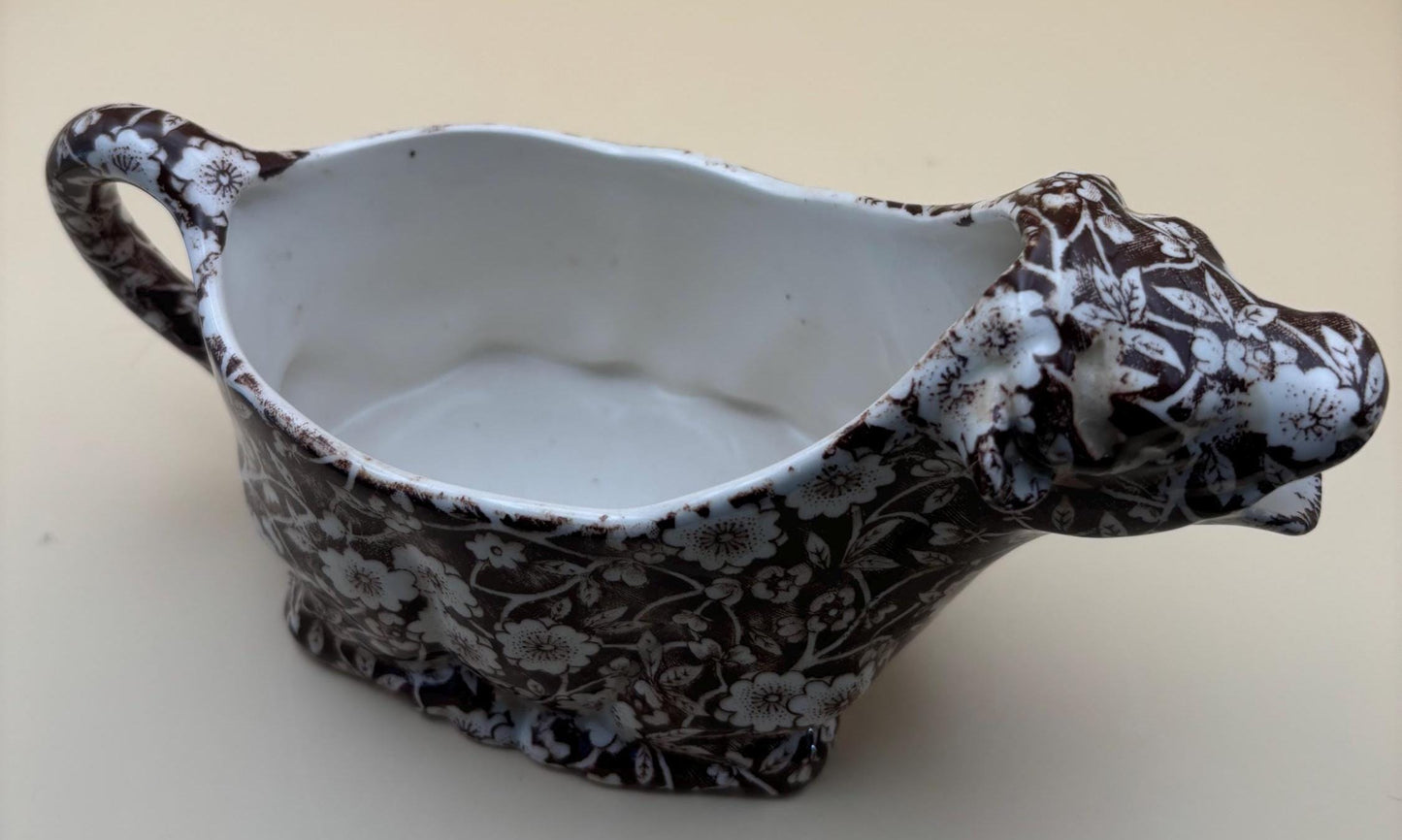 Calico Cow Creamer Royal Crownford Ironstone England Brown White Cow, Floral Transferware