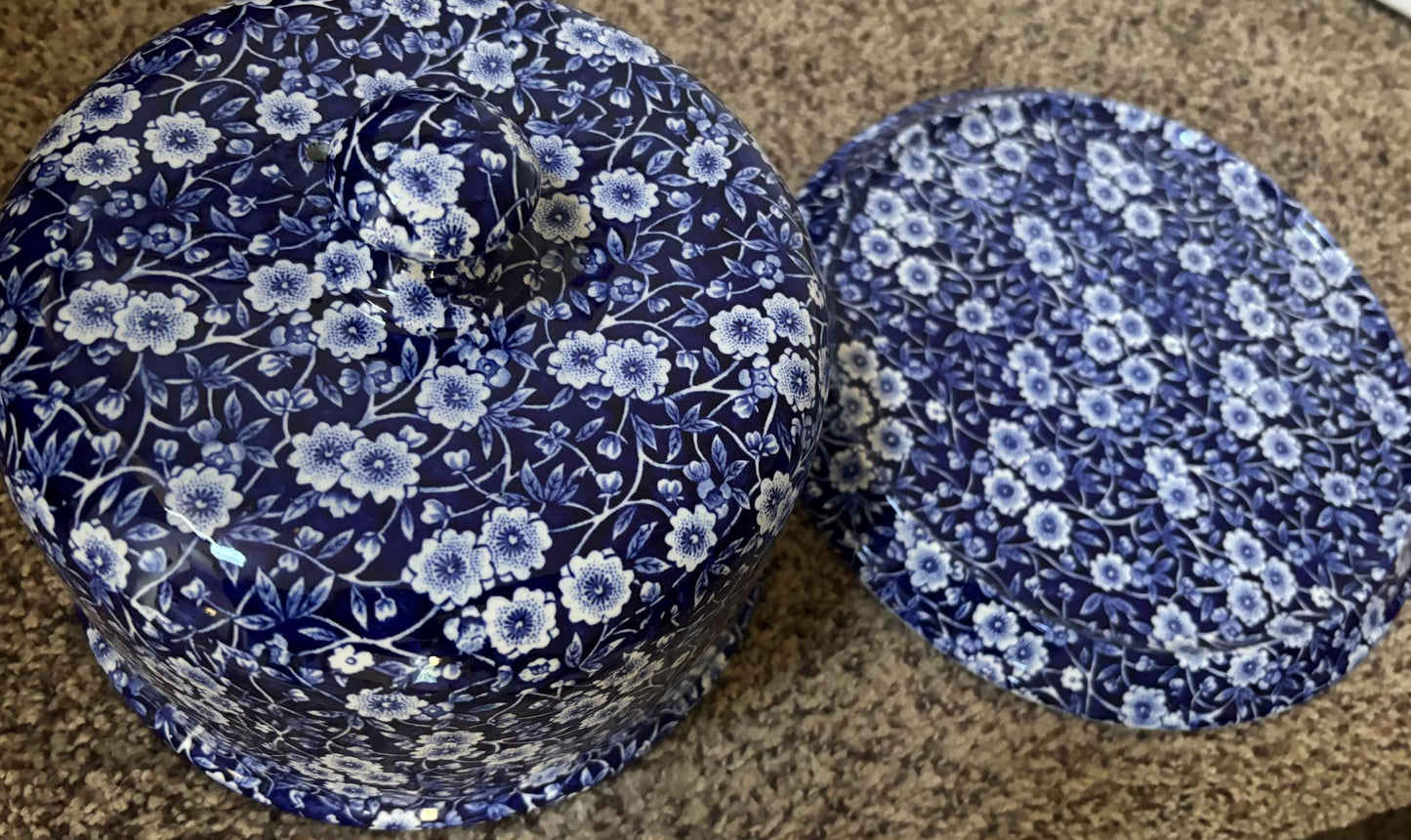 Burleigh Ware Large CALICO Blue Cheese Dome or Cake Plate with Cover Royal Crownford Ironstone England Blue and White Floral Transferware