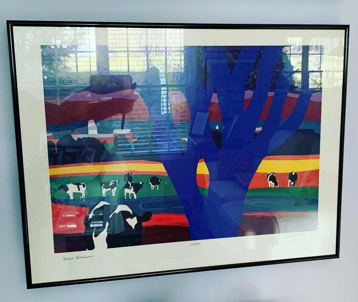 Vintage Woody Jackson Blue Elm Signed & Framed Cow Print Abstract Ben and Jerry artwork art Lover Antiques and Vintage