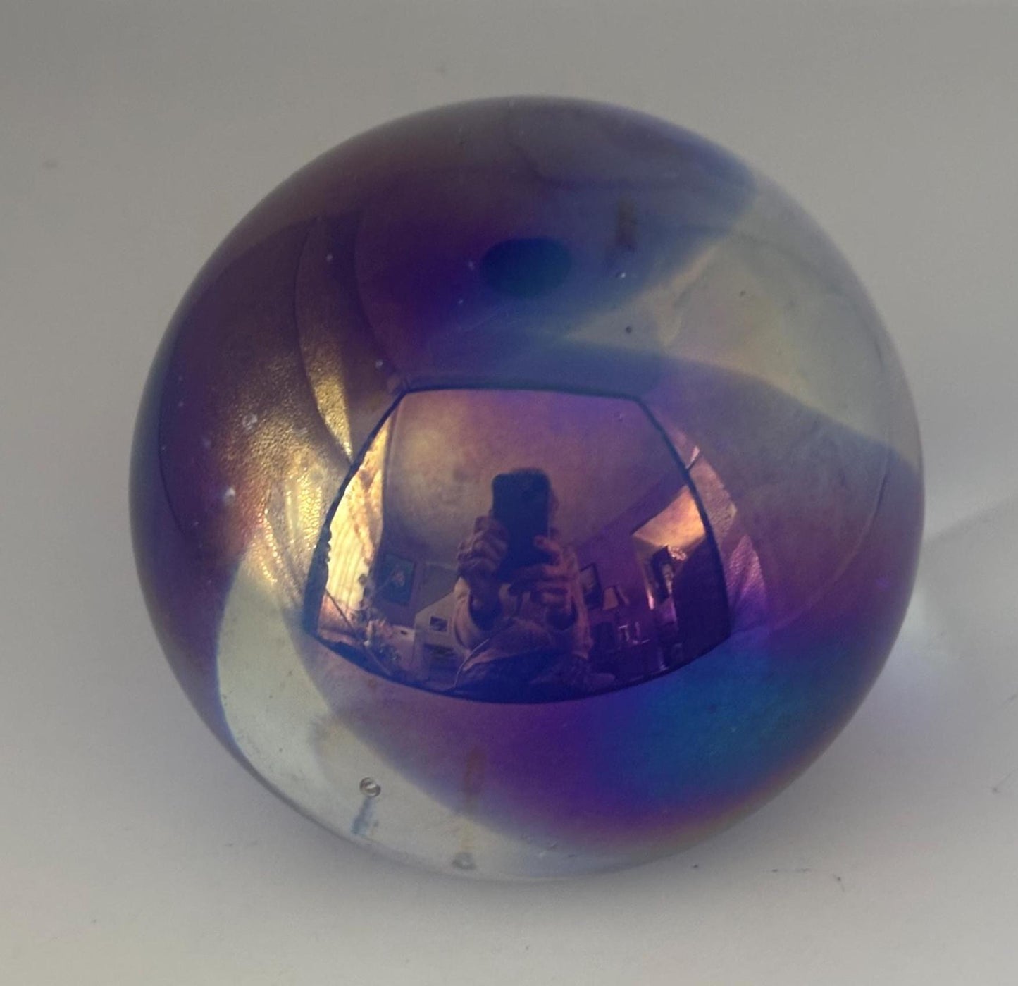 Vintage Gary Levi Metallic Blue Purple Glass Paperweight Mid Century Art Object