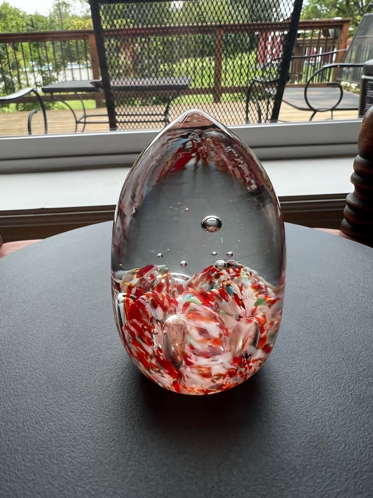 Vintage Red Art Glass Paperweight: Controlled Bubble Egg Shape
