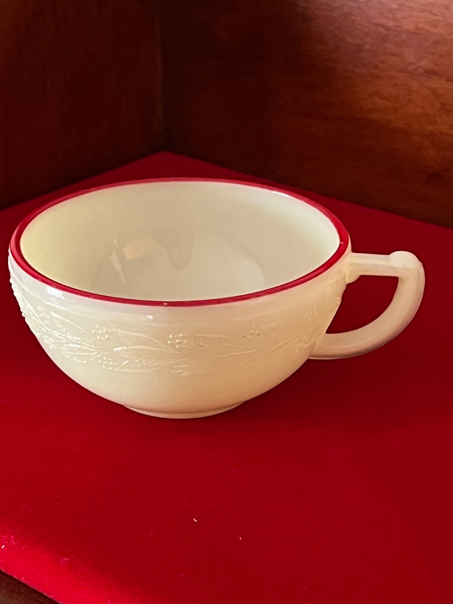 Vintage McKee Uranium Glass Tea Cup: Laurel Red Trim, Child's Tea Set
