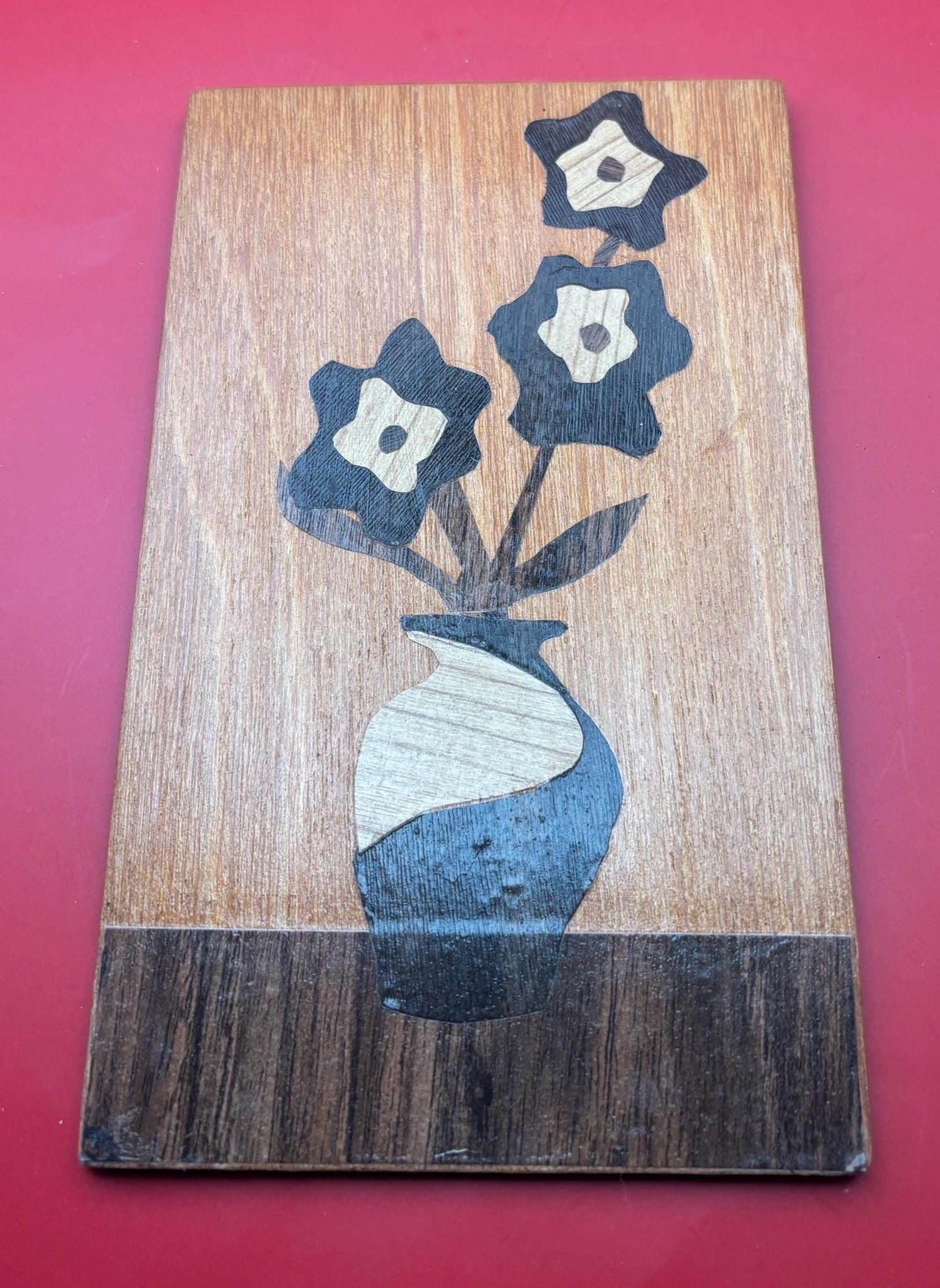 Handmade Flower Marquetry Wood Inlay Art Wall Hanging, Several Distinct Wood Tones