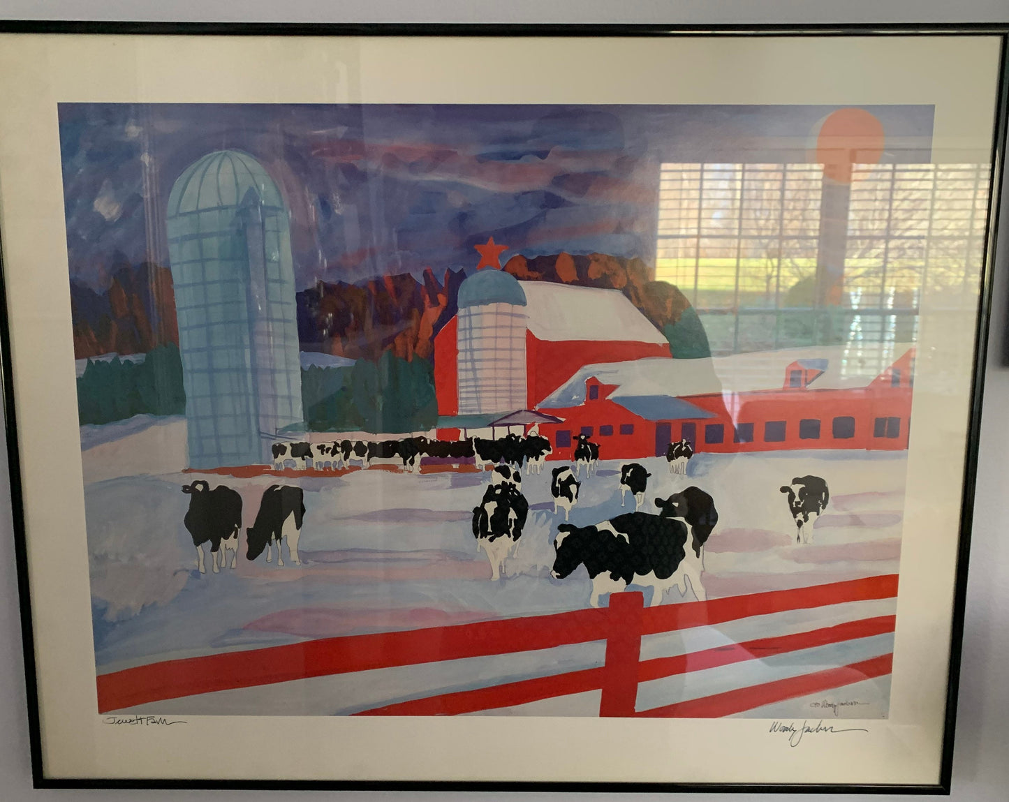 Woody Jackson 1990 Jewett Farm Signed & Framed Cow Print Abstract Ben and Jerry artwork art